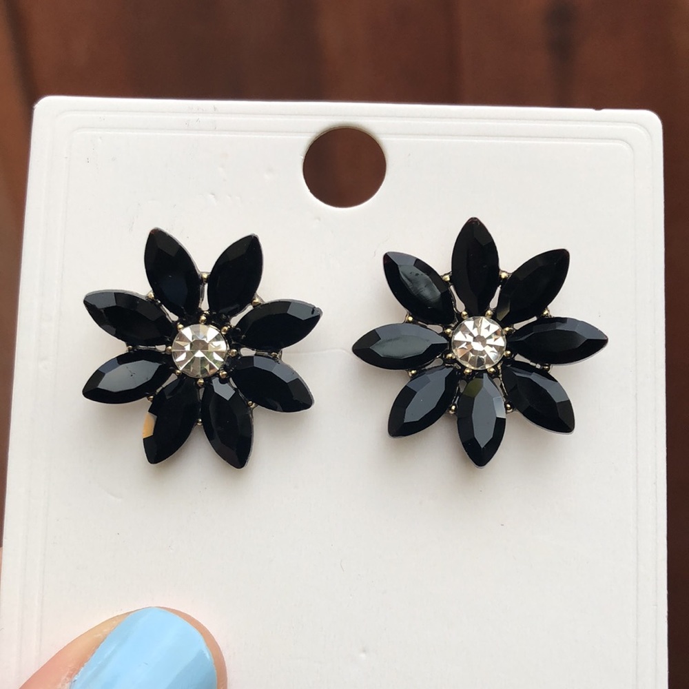 Black + Gold Crystal Flower Statement Earrings - image 5